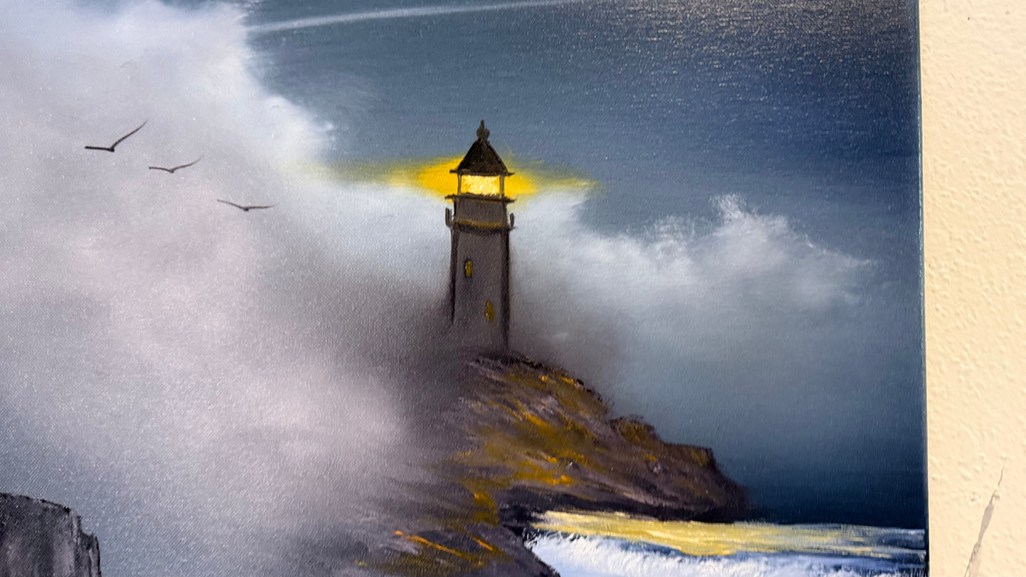Painting #2230 - 16x20" Canvas - Lighthouse Seascape painted 1-10-26