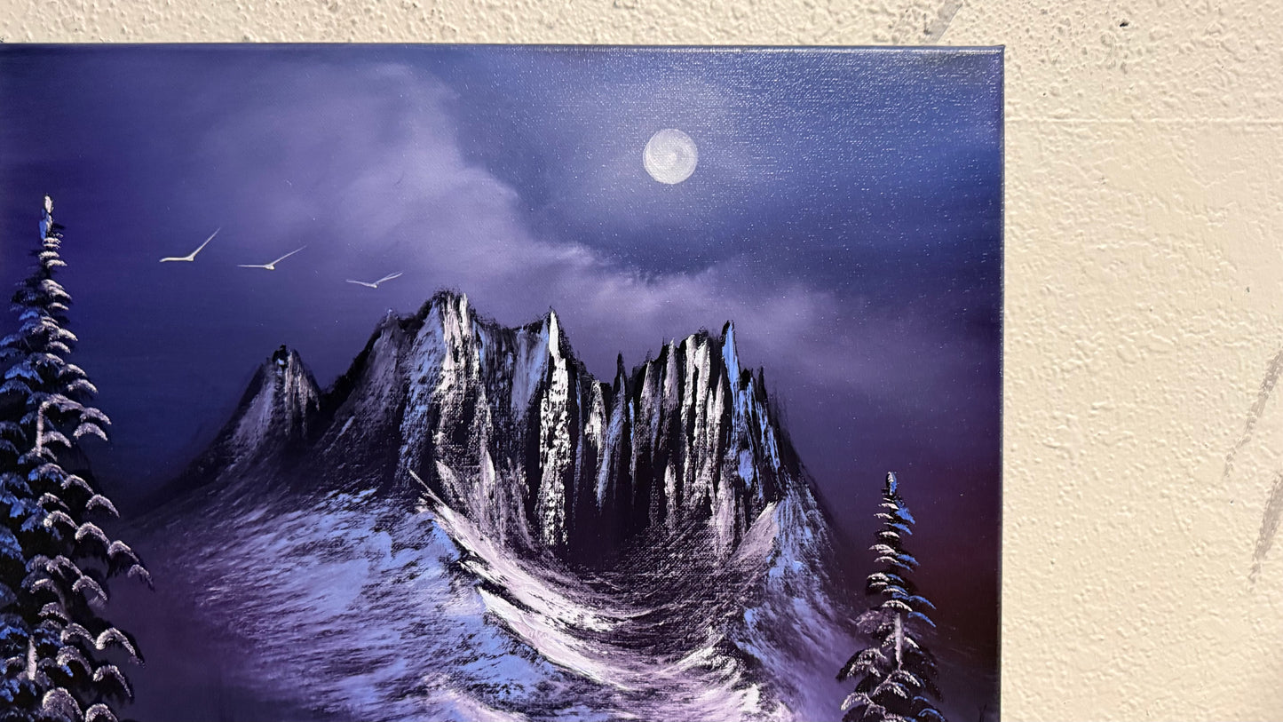 Painting #2114 - 18x24" Canvas - Forest Cabin Painting with Fairy Lights painted 10-23-25