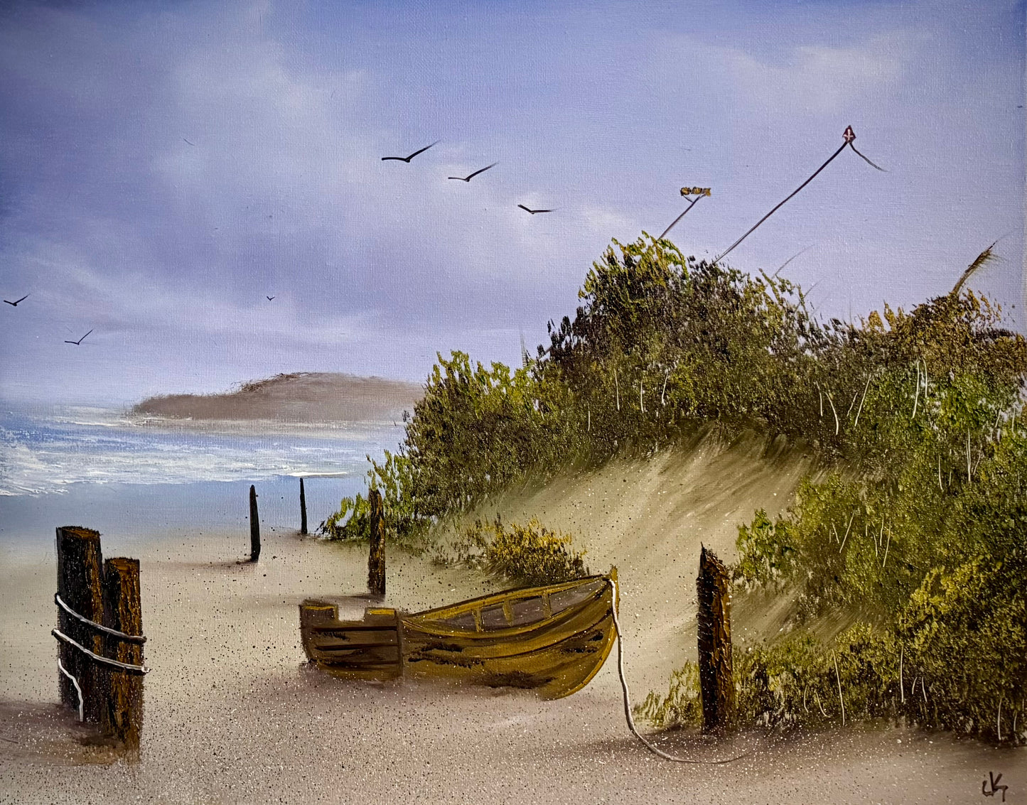Painting #2423 - 16x20" Canvas - Kite Flying Seascape with Old Row Boat painted 5-2-26