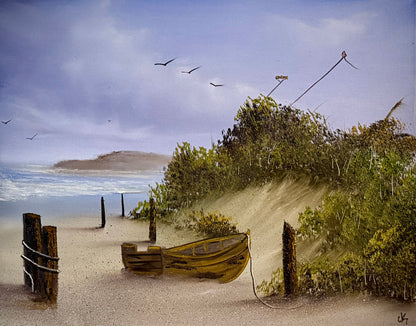 Painting #2423 - 16x20" Canvas - Kite Flying Seascape with Old Row Boat painted 5-2-26