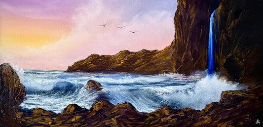 Painting #2239 - 15x30" Canvas - Coastal Waterfall Seascape painted 1-16-26
