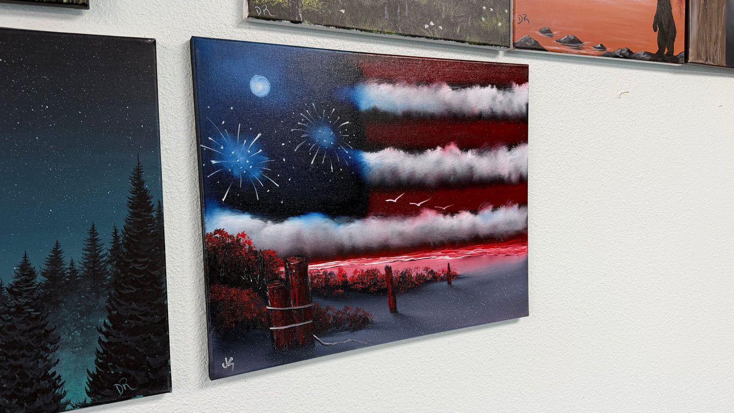 Painting #2504 - 16x20" Canvas - American Flag Seascape painted 7-5-26