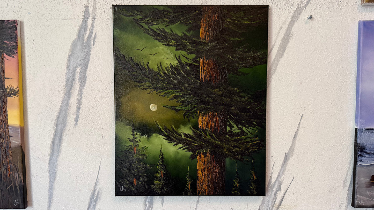 Painting #2471 - 16x20" Canvas - Full Moon Pine Tree Landscape painted 5-31-26