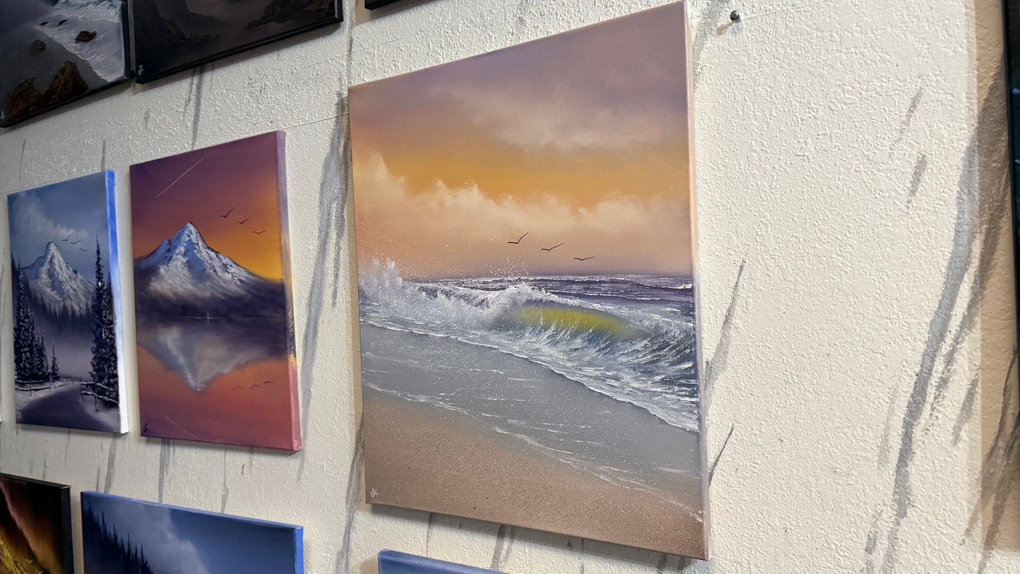 Painting #2291 - 20x24" Canvas - Sunset Seascape Crashing Wave painted 2-16-26