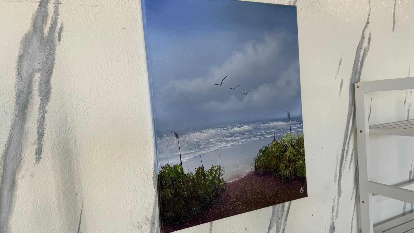 Painting #2104 - 16x20" Canvas - Cattails Seascape painted 10-15-25