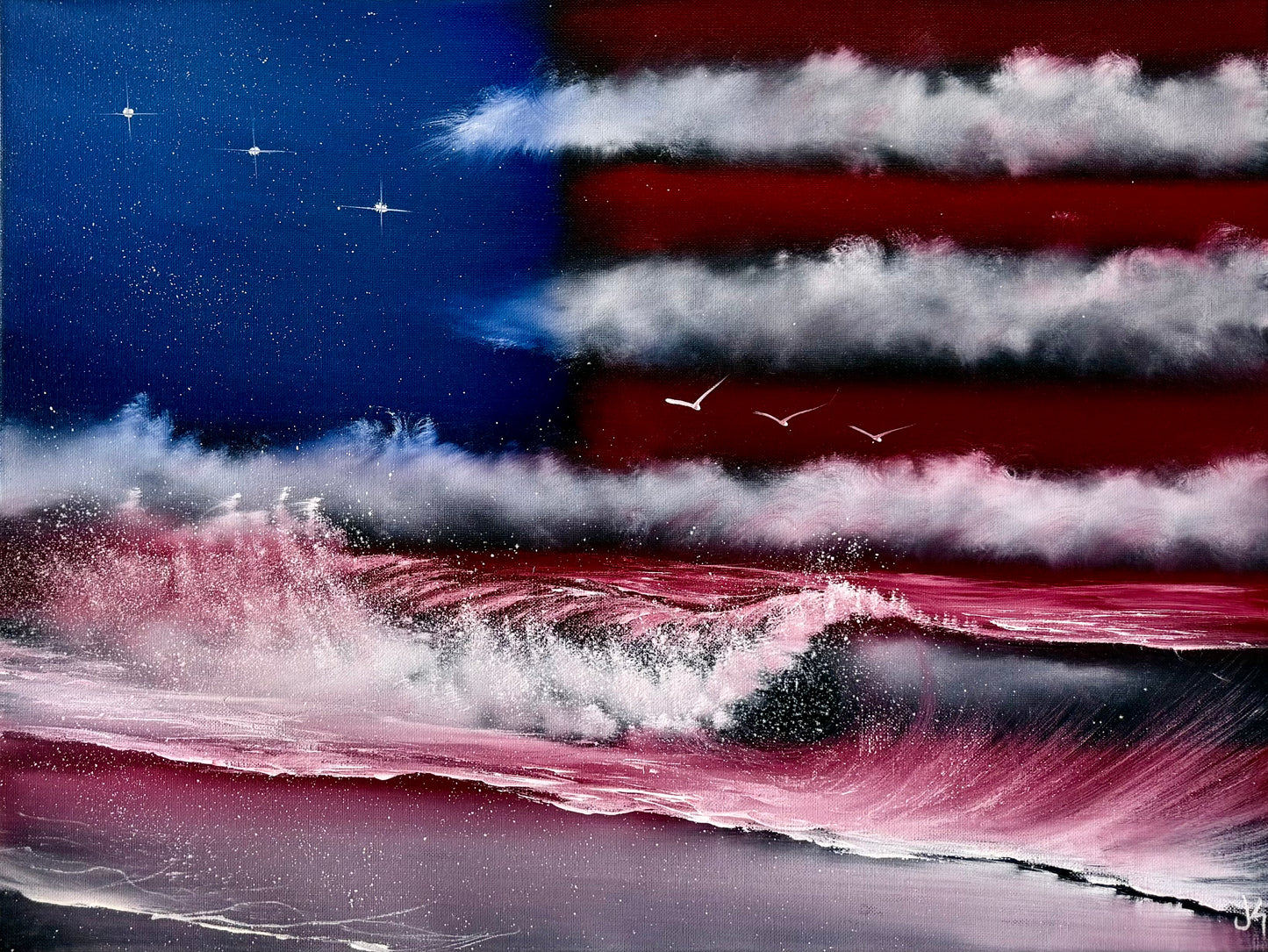 Painting #2121 - 18x24" Canvas - American Flag Seascape painted 10-26-25