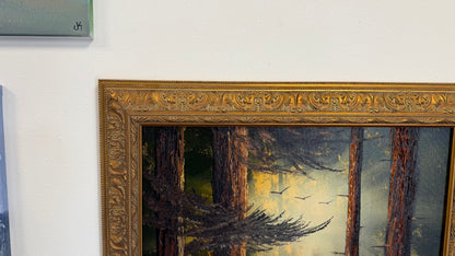 Painting #2521 - 20x24" Gold Framed Canvas - Sunset Forest Landscape painted 7-20-26