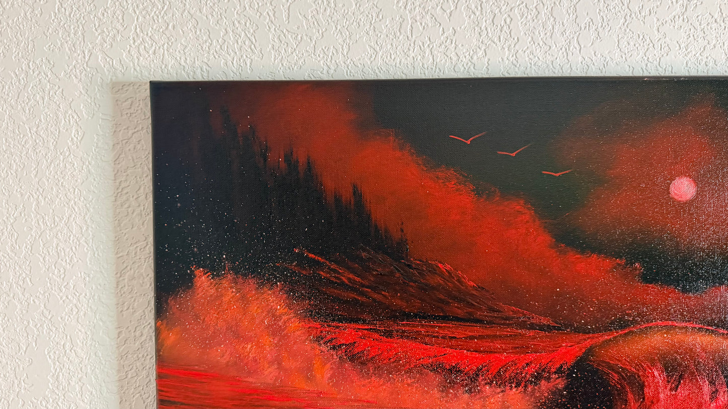 Painting #2510 - 16x20" Canvas - Red West Coast Crashing Wave Seascape painted 7-10-26