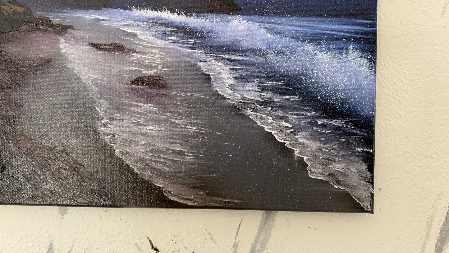 Painting #2100 - 16x20" Canvas - Night Rocky Seascape painted 10-13-25