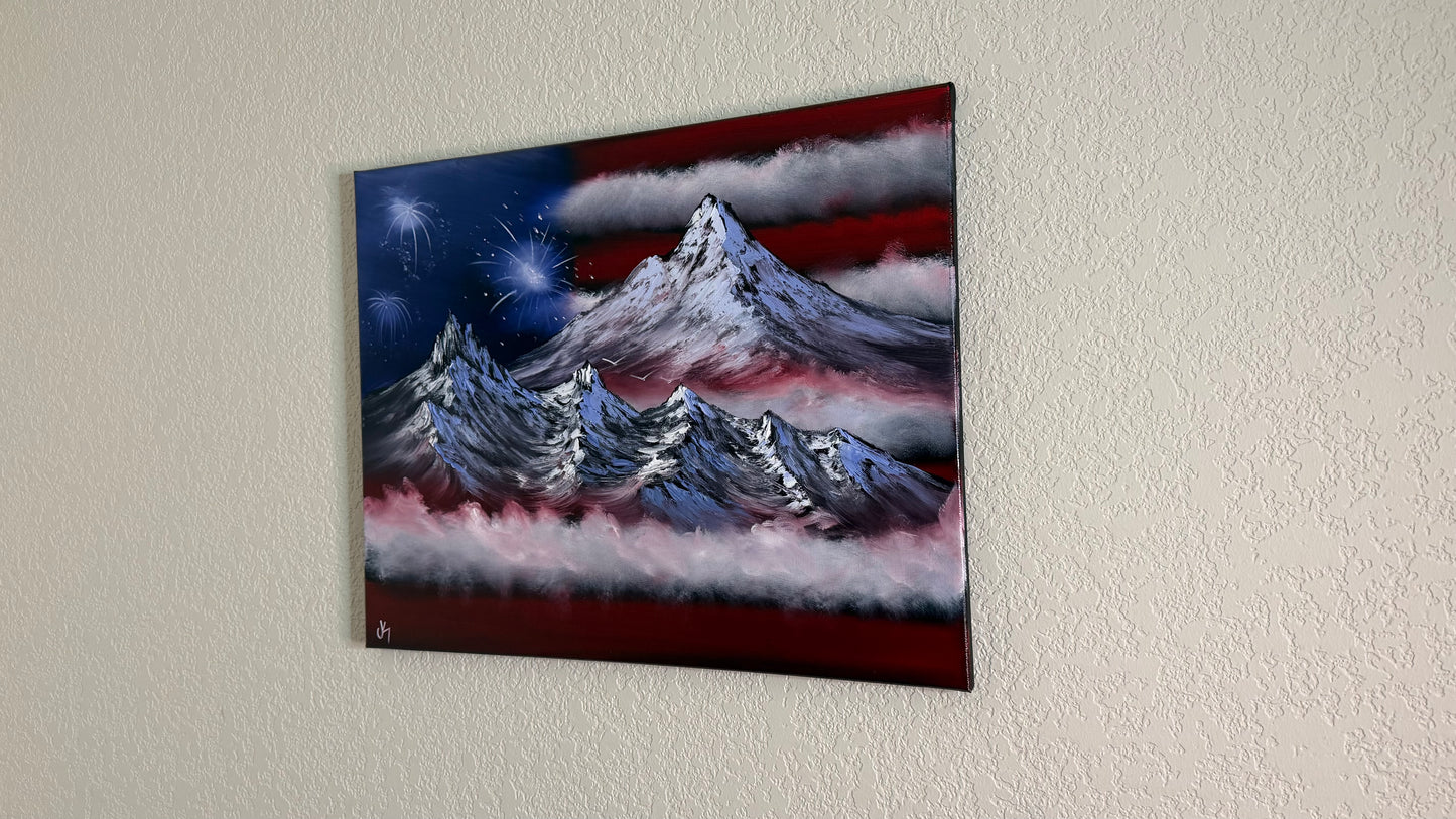 Painting #2503 - 16x20" Canvas - American Flag Landscape painted by Josh and Dani on 7-4-26