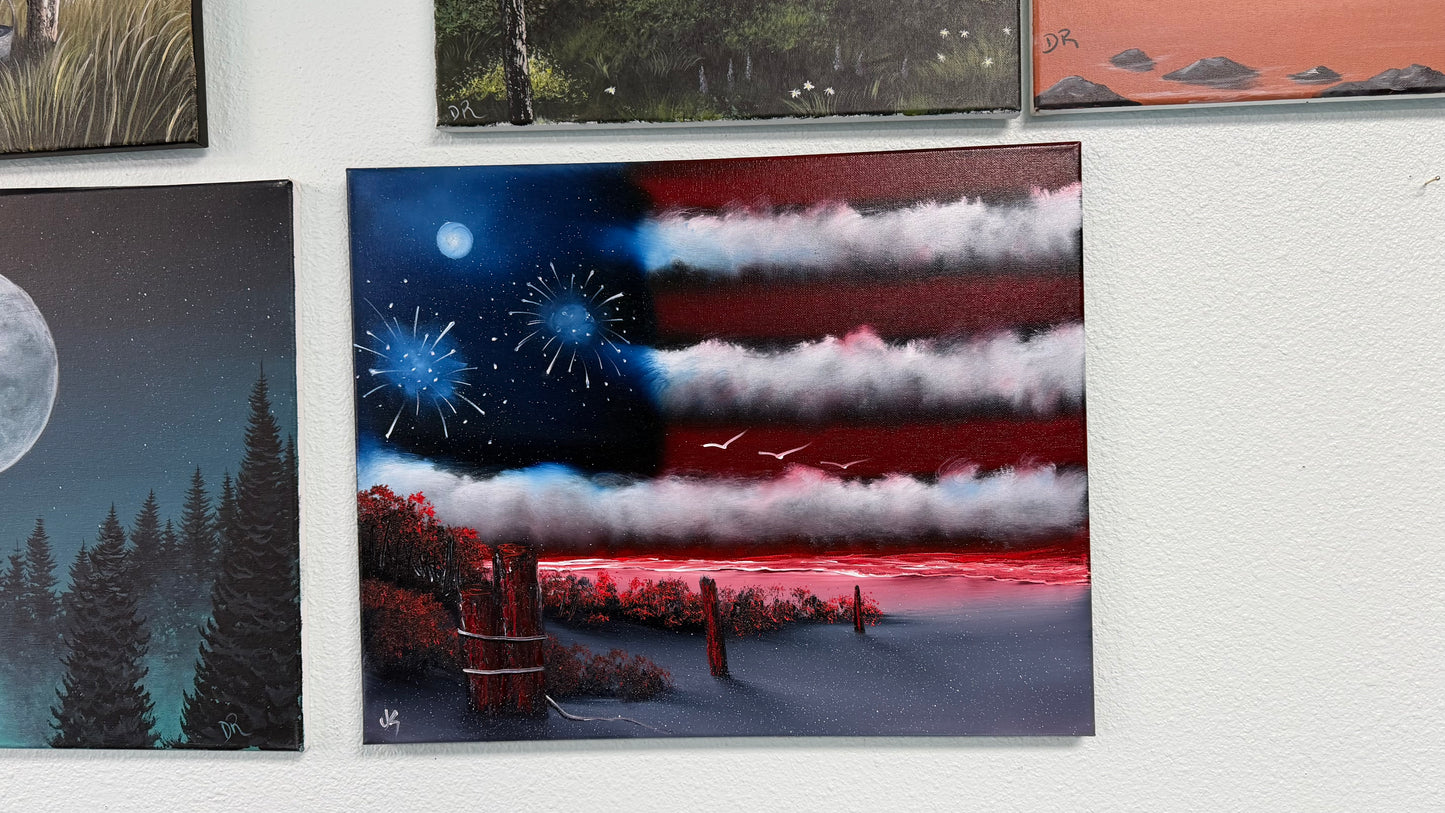 Painting #2504 - 16x20" Canvas - American Flag Seascape painted 7-5-26