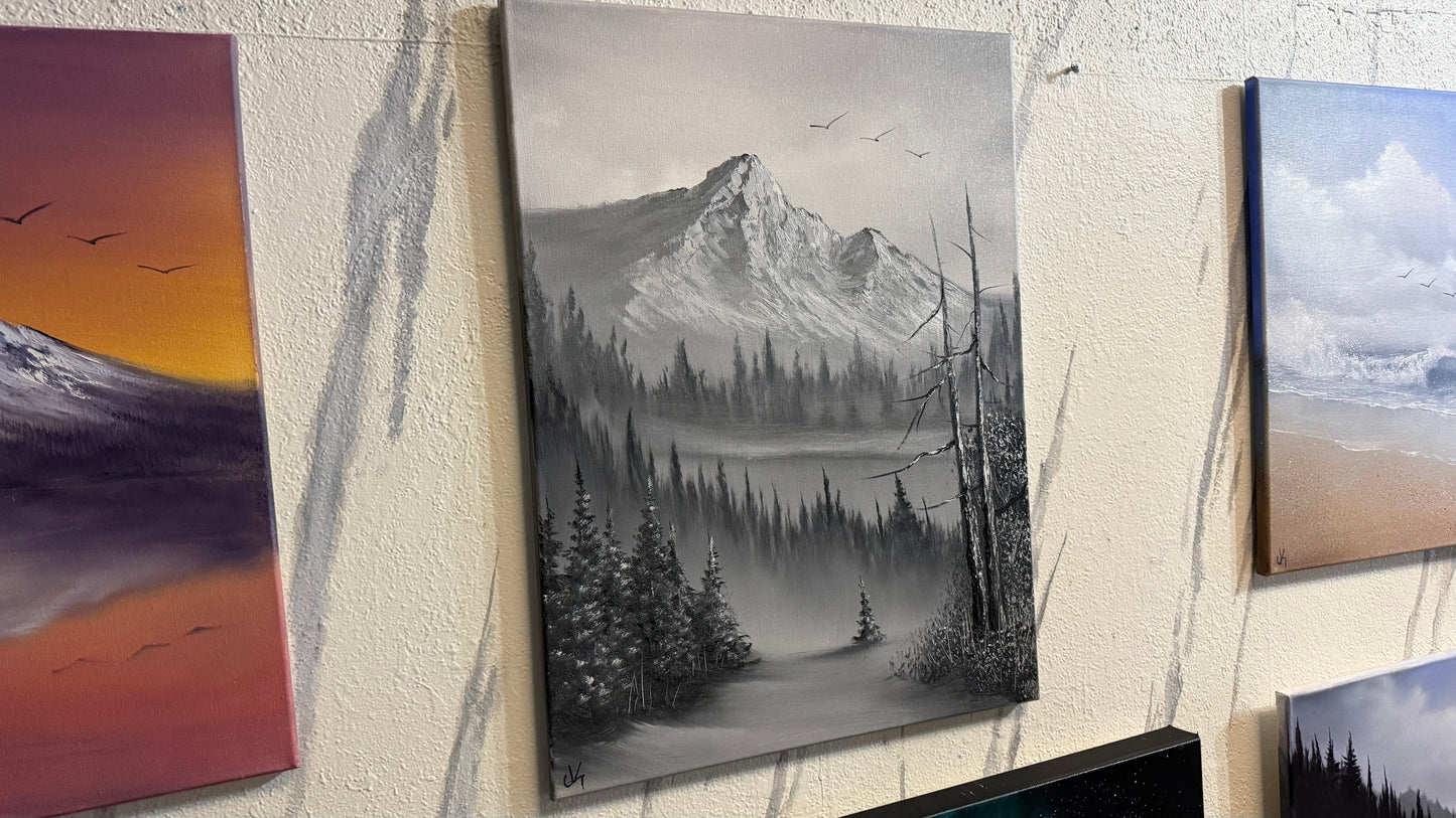 Painting #2247 - 18x24" Canvas - Black and White Mountain Landscape painted 1-19-26