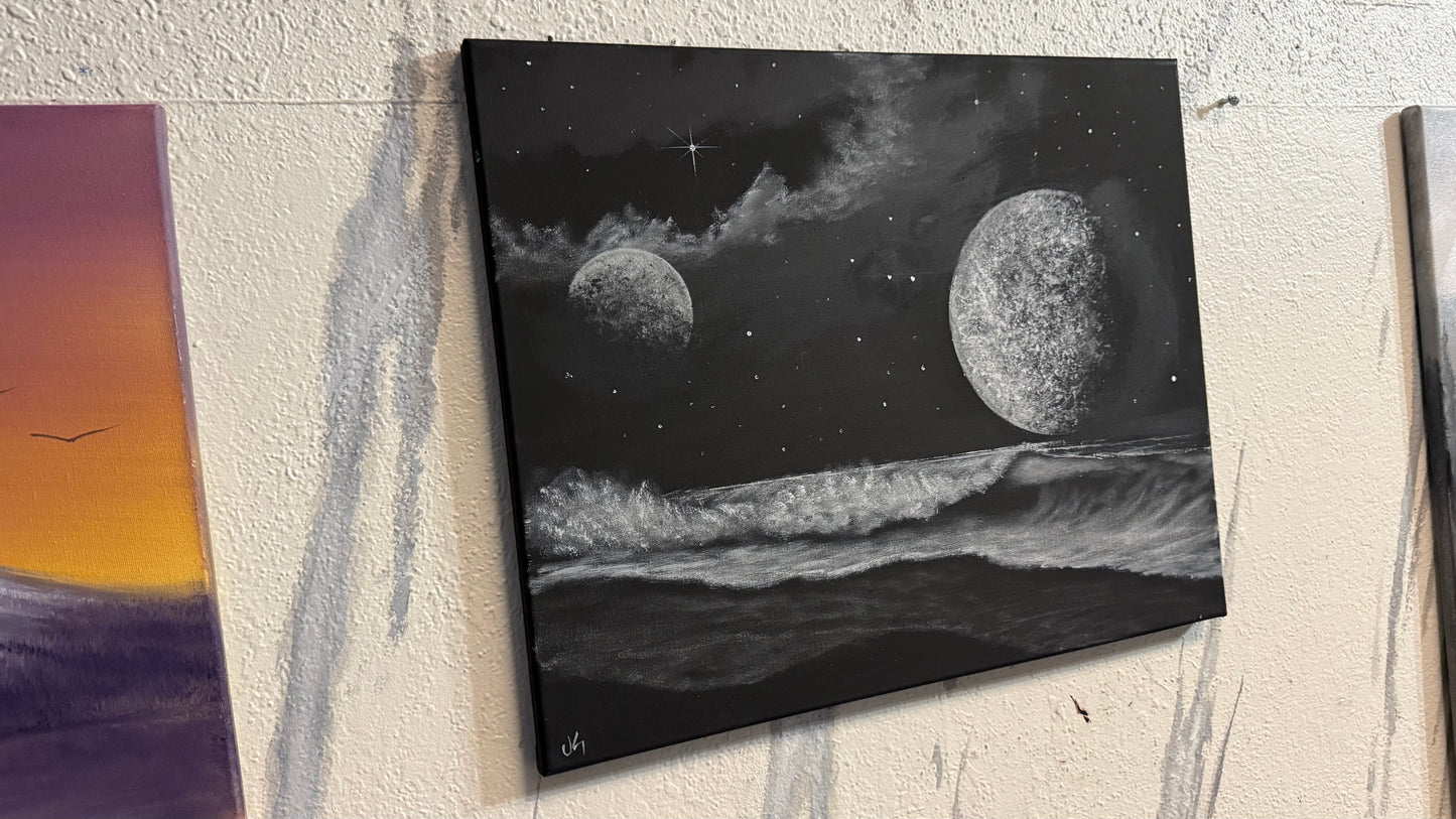 Painting #2248 - 16x20" Canvas - Black and White Galactic Seascape painted 1-20-26