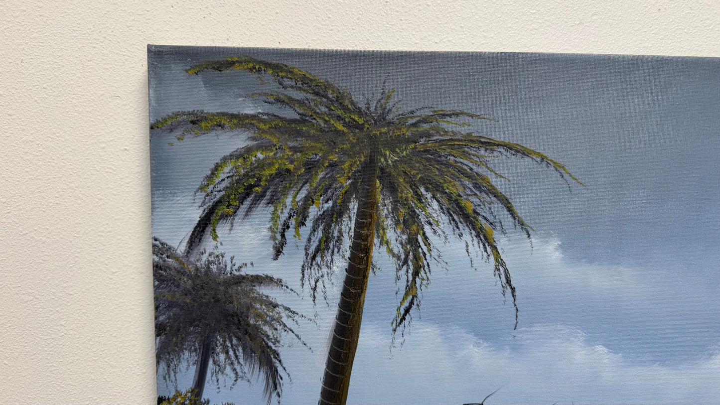 Painting #2564 - 16x20" Canvas - Tropical Palm Tree Seascape painted 8-22-26