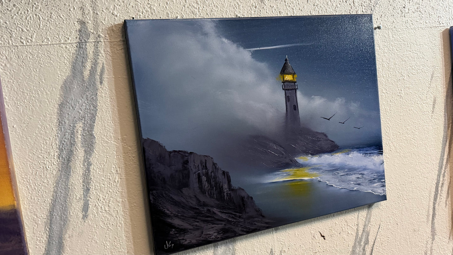 Painting #2231 - 16x20" Canvas - Lighthouse Seascape painted 1-10-26