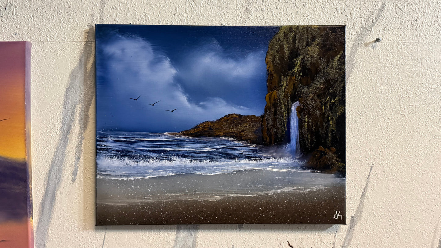 Painting #2237 - 16x20" Canvas - Coastal Waterfall Seascape painted 1-15-26