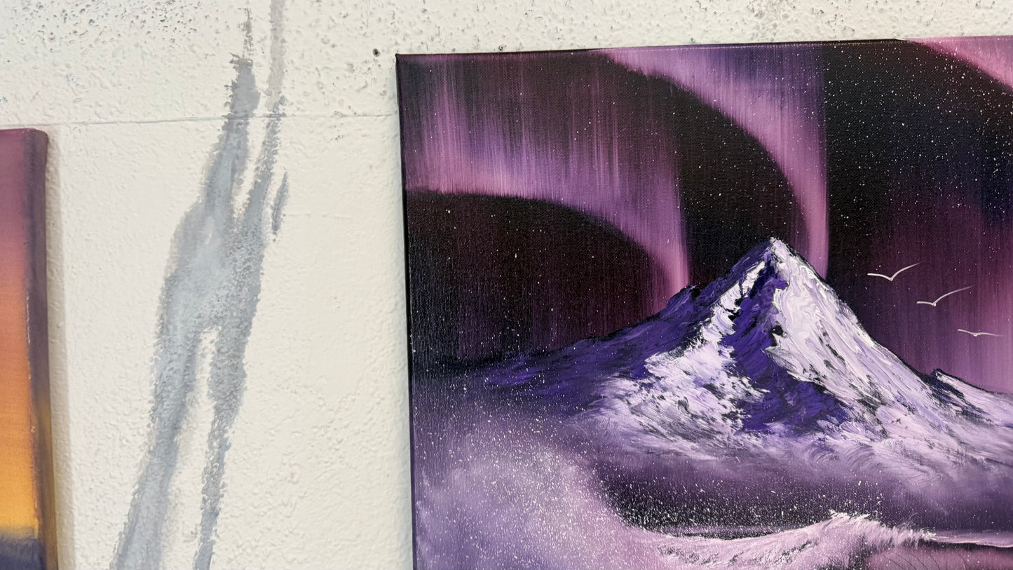 Painting #2256 - 16x20" Canvas - Aurora Mountain Seascape painted 1-25-26