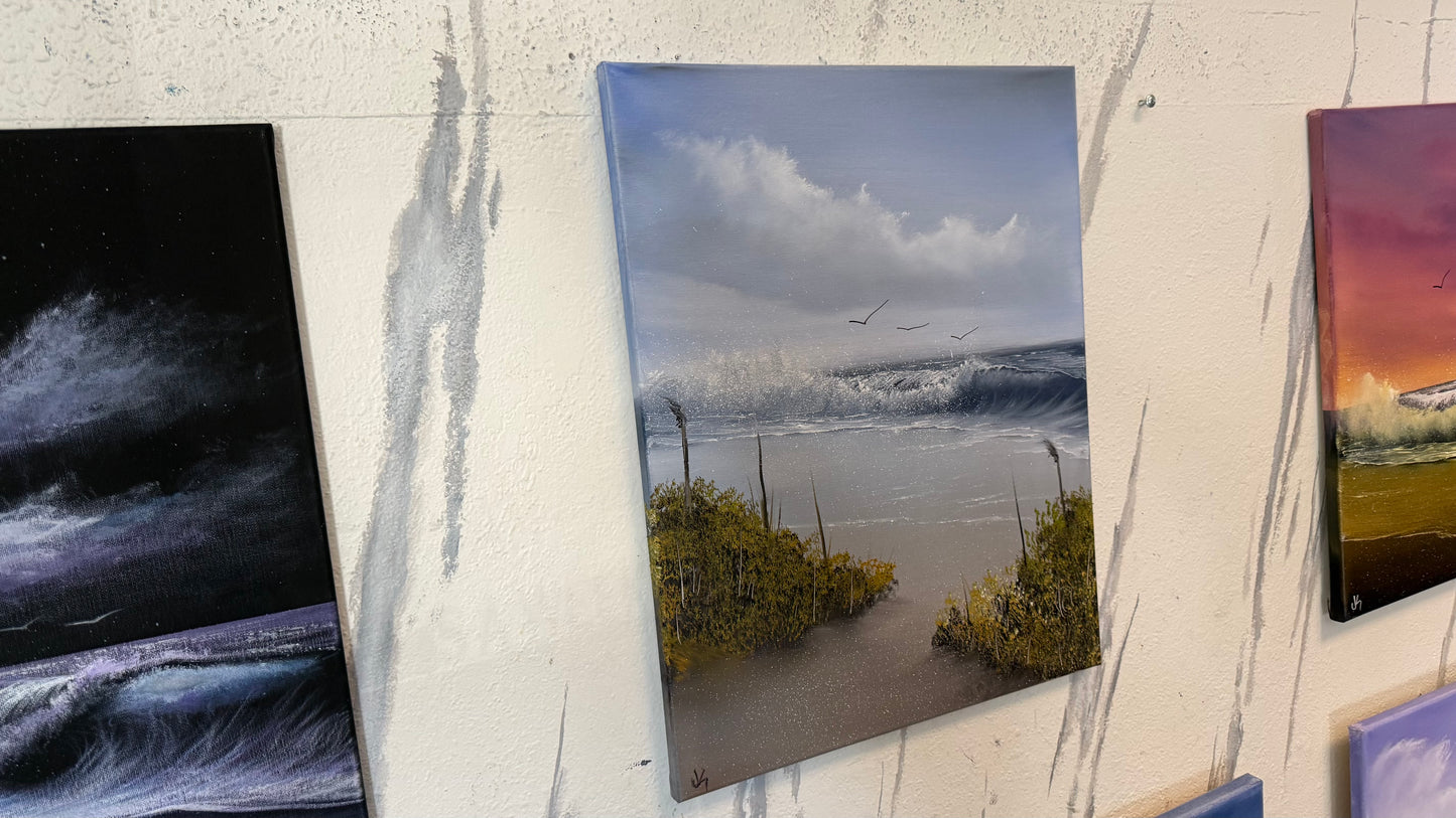 Painting #2321 - 16x20" Canvas - Crashing Wave Cattails Seascape painted 3-7-26