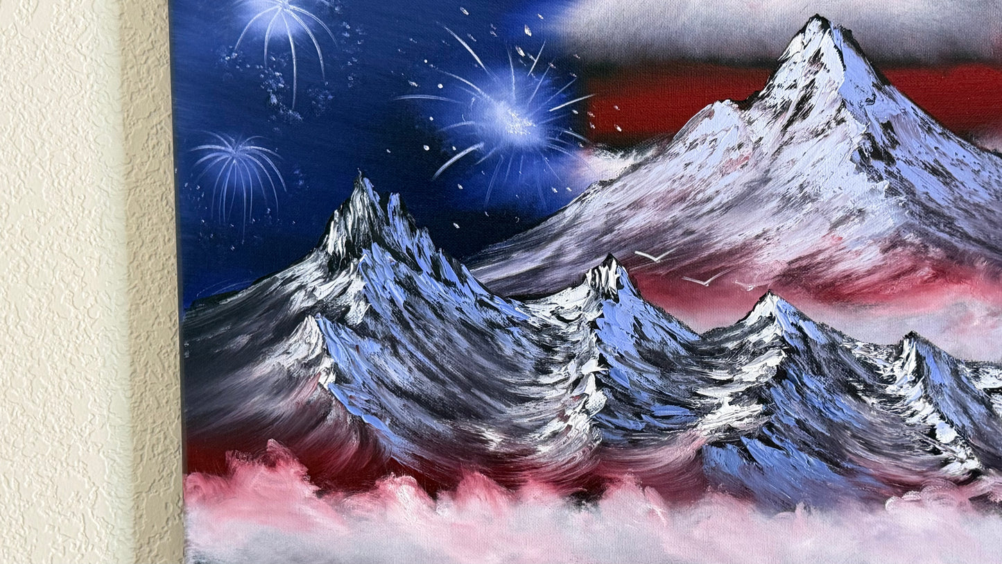 Painting #2503 - 16x20" Canvas - American Flag Landscape painted by Josh and Dani on 7-4-26