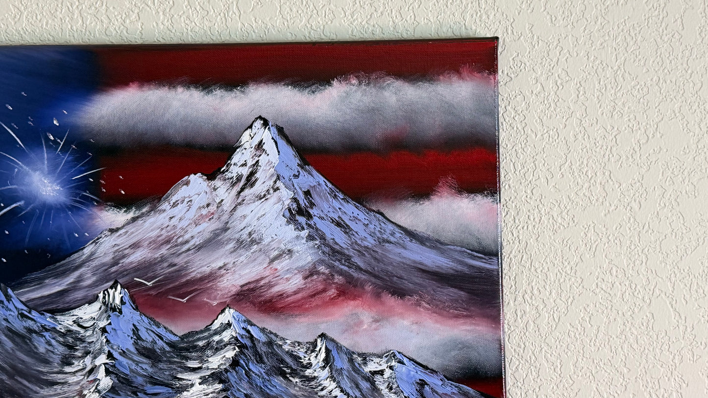 Painting #2503 - 16x20" Canvas - American Flag Landscape painted by Josh and Dani on 7-4-26