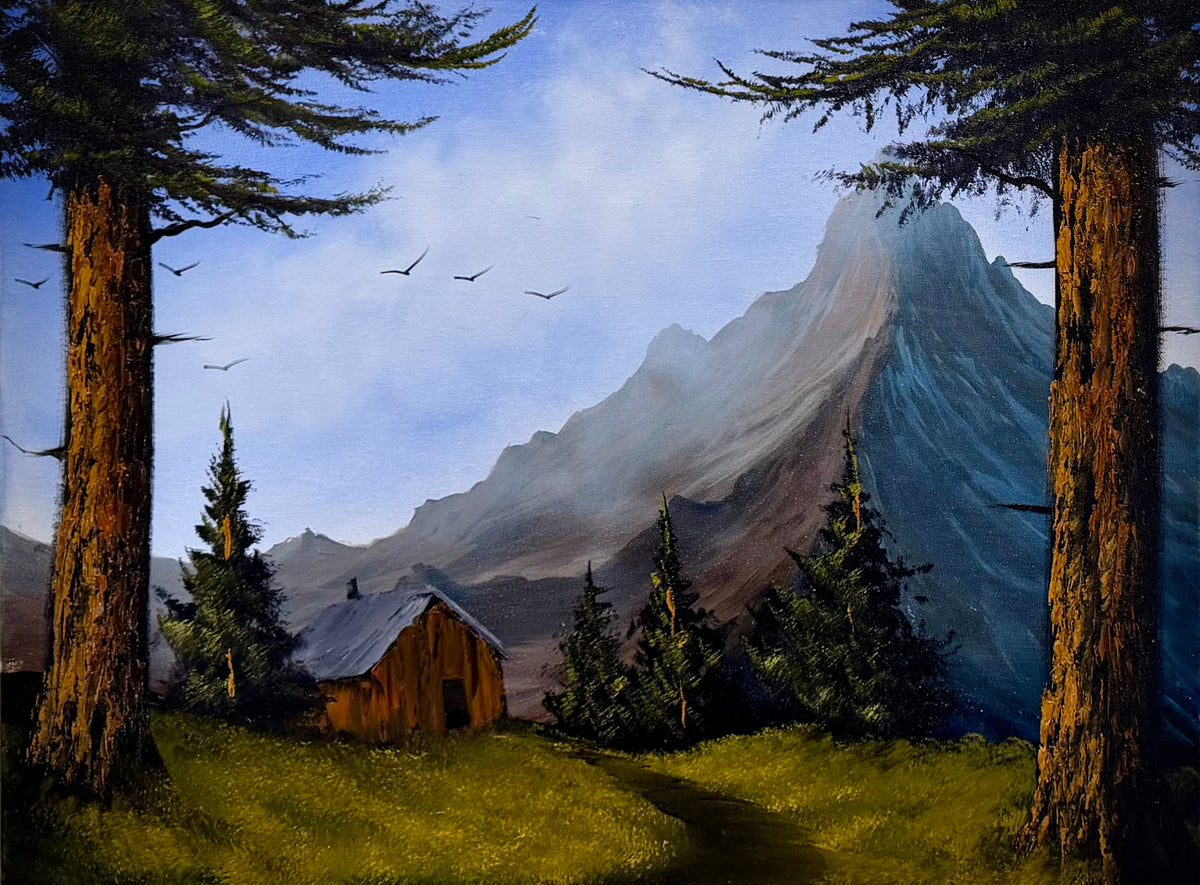 Painting #2652 - 18x24" Canvas - Mountain Cabin Landscape painted 10-17-26