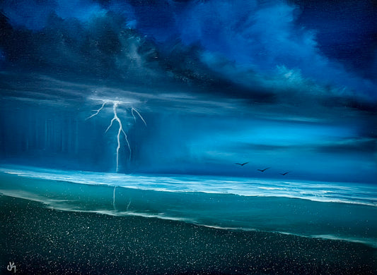 Painting #2601 - 18x24" Black Canvas - Dramatic Sky Seascape painted 9-14-26