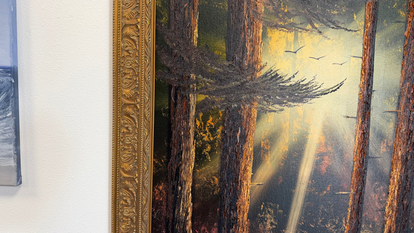 Painting #2521 - 20x24" Gold Framed Canvas - Sunset Forest Landscape painted 7-20-26