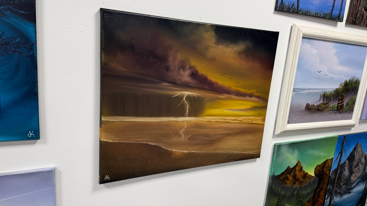 Painting #2597 - 22x28" Black Canvas - Dramatic Sunset Seascape painted 9-12-26