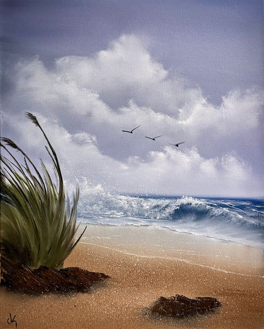 Painting #2232 - 16x20" Canvas - Cattails Seascape painted 1-10-26
