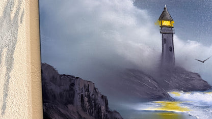 Painting #2231 - 16x20" Canvas - Lighthouse Seascape painted 1-10-26