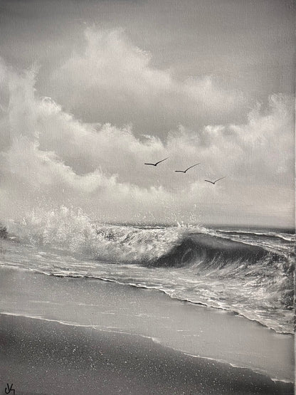 Painting #2243 - 18x24" Canvas - Black and White Seascape painted 1-17-26