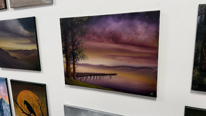 Painting #2657 - 18x24" Canvas - Sunset Lake Dock Landscape painted 10-19-26