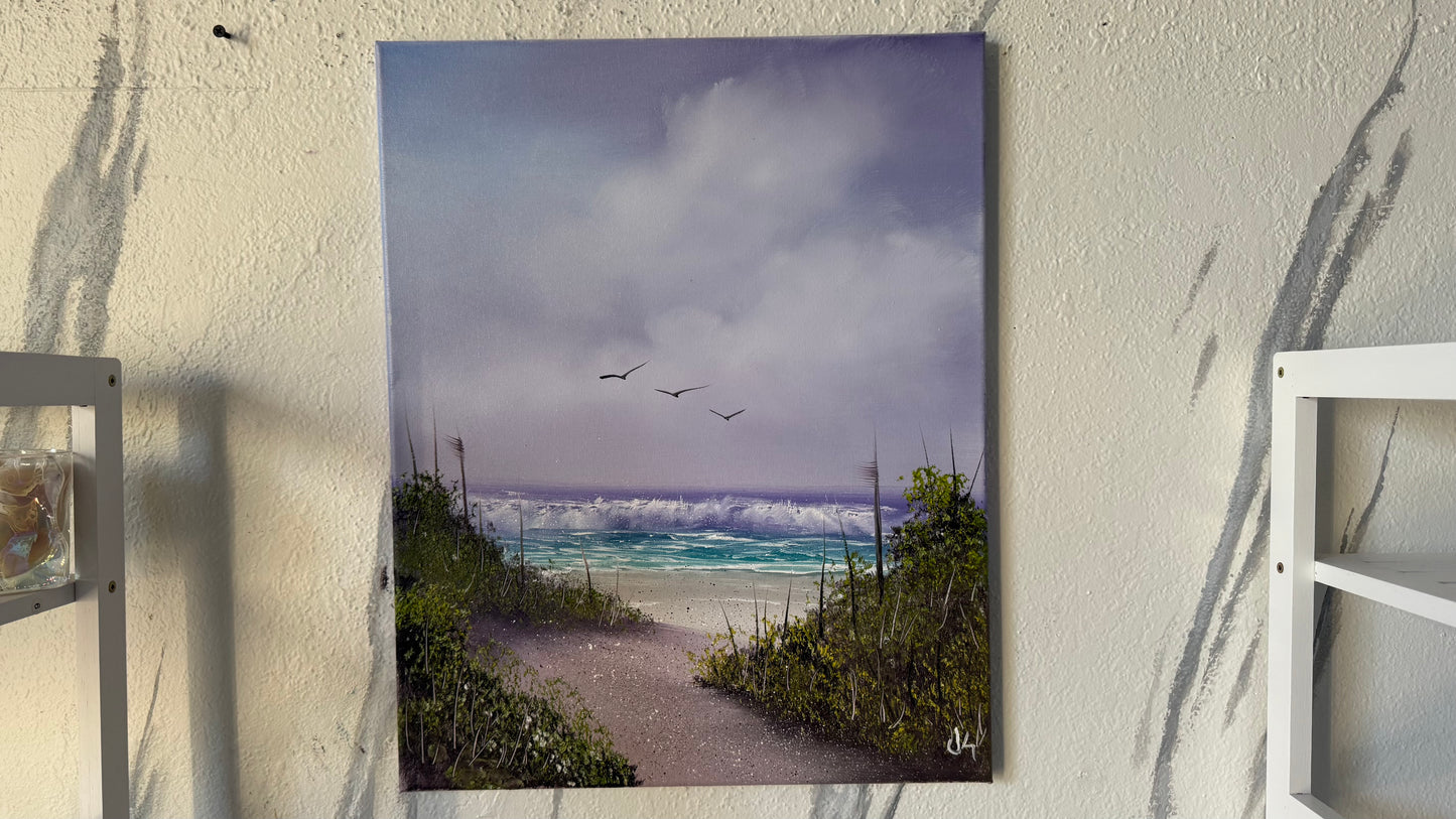 Painting #2065 - 16x20" Canvas - Cattails Seascape painted 9-20-25