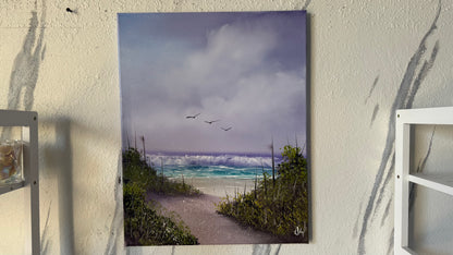 Painting #2065 - 16x20" Canvas - Cattails Seascape painted 9-20-25