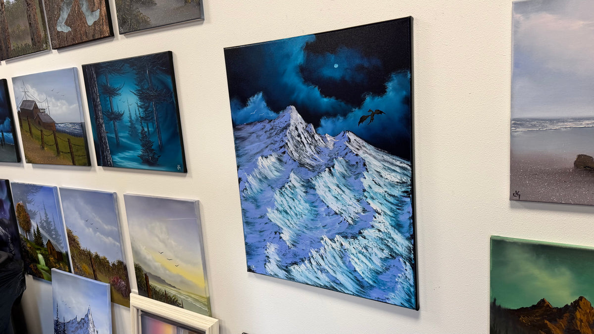 Painting #2578 - 22x28" Canvas - Dramatic Mountain Landscape with Dragon silhouette painted 9-3-26