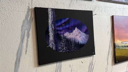 Painting #2353 - 16x20" Canvas - Oval Northern Lights Mountain painted 3-23-26