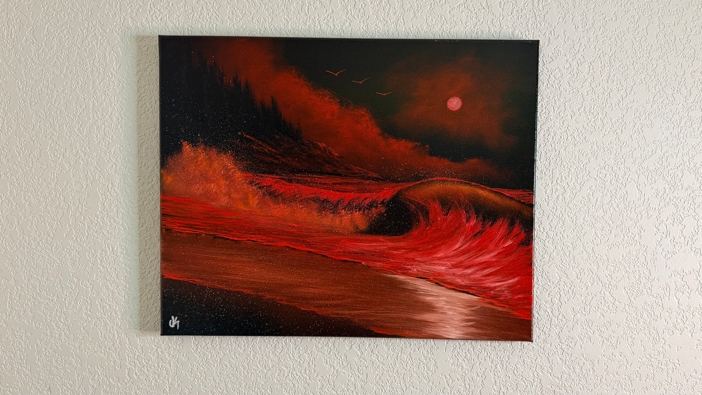 Painting #2510 - 16x20" Canvas - Red West Coast Crashing Wave Seascape painted 7-10-26