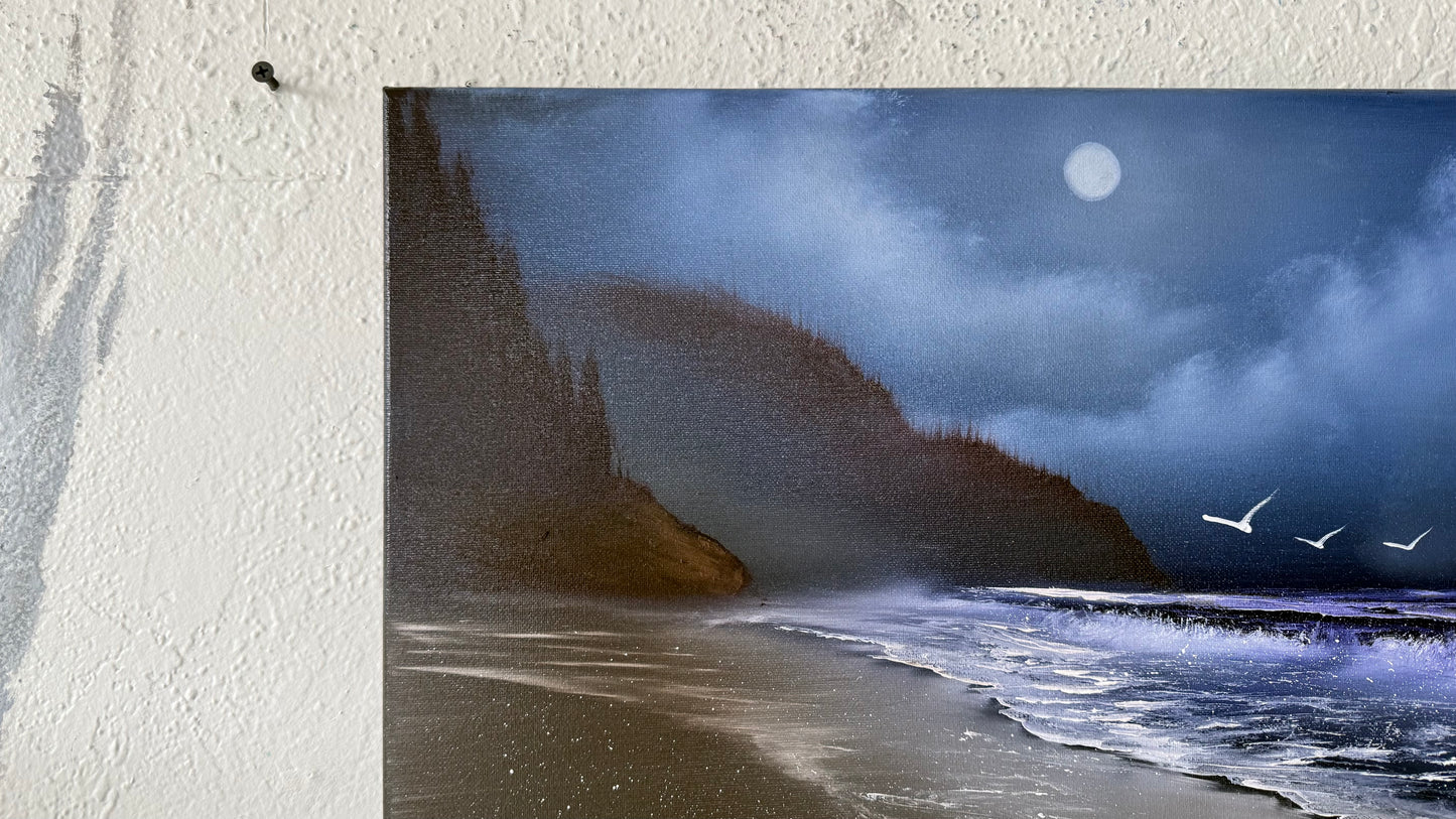 Painting #2094 - 16x20" Canvas - Night Oregon Coast Seascape painted 10-10-25
