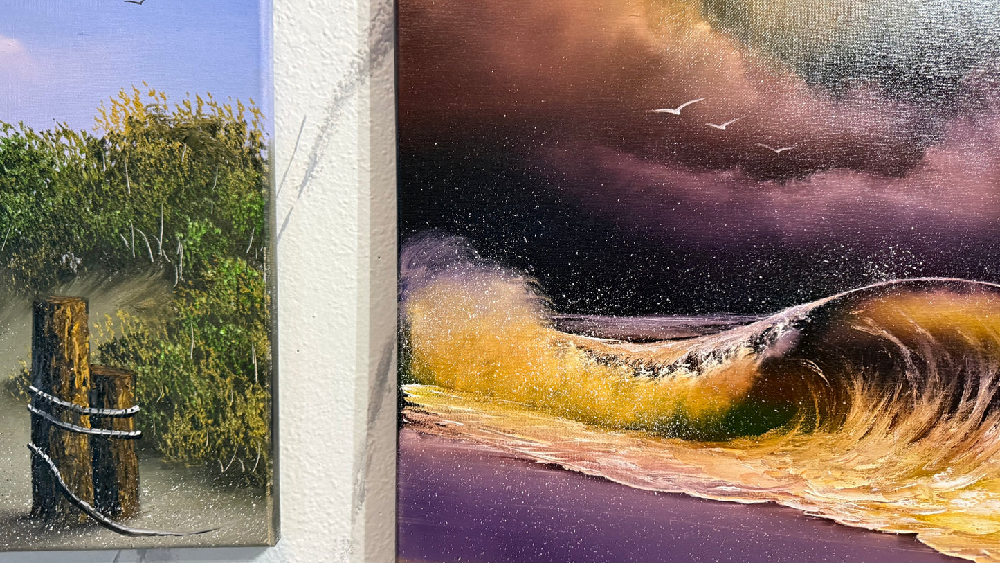 Painting #2445 - 16x20" Canvas - Golden Seascape painted 5-18-26