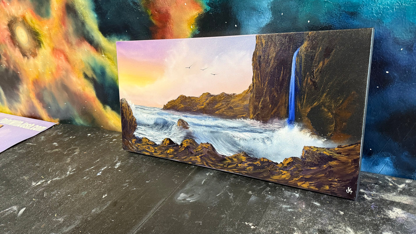 Painting #2239 - 15x30" Canvas - Coastal Waterfall Seascape painted 1-16-26