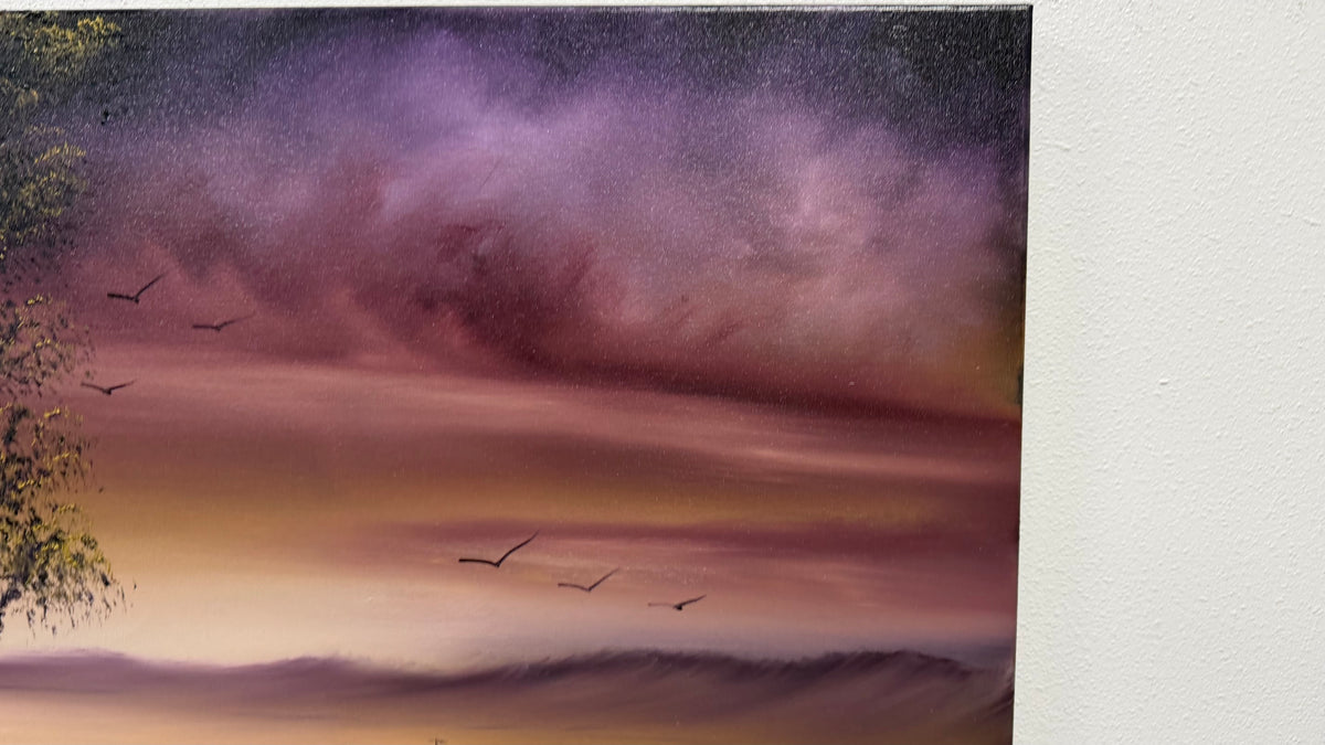 Painting #2657 - 18x24" Canvas - Sunset Lake Dock Landscape painted 10-19-26