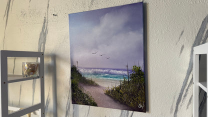 Painting #2065 - 16x20" Canvas - Cattails Seascape painted 9-20-25