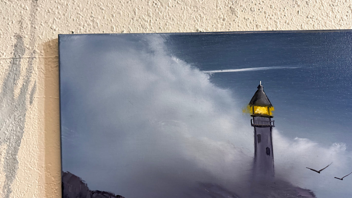 Painting #2231 - 16x20" Canvas - Lighthouse Seascape painted 1-10-26
