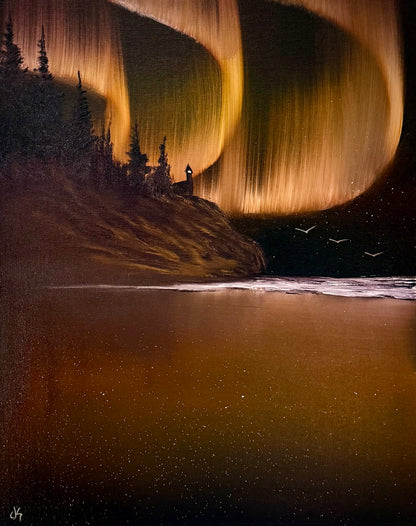 Painting #2379 - Golden Coast Northern Lights Seascape painted 4-7-26