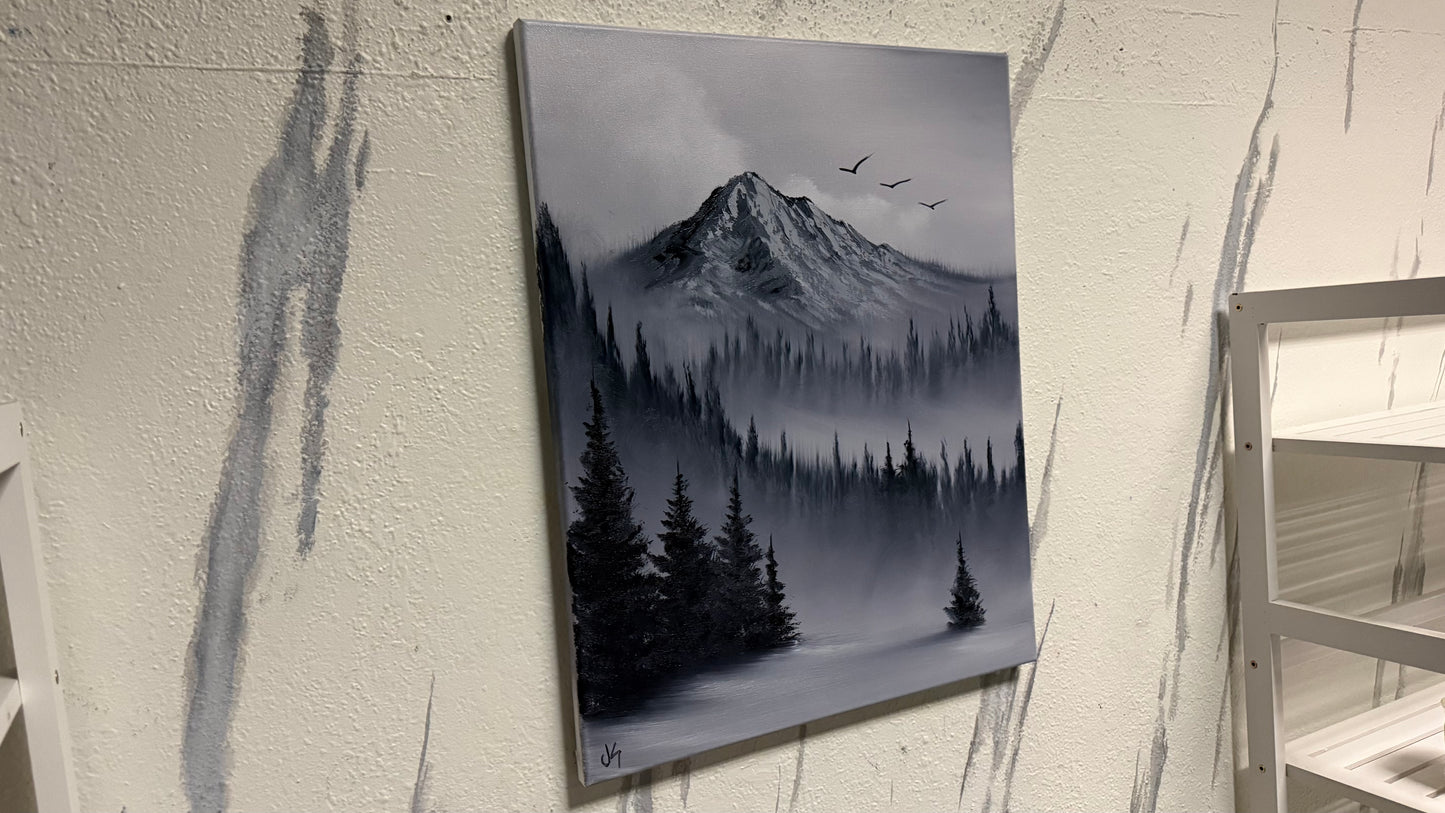Painting #2164 - 16x20" Canvas - Black and White Mt Hood Landscape painted 11-29-25