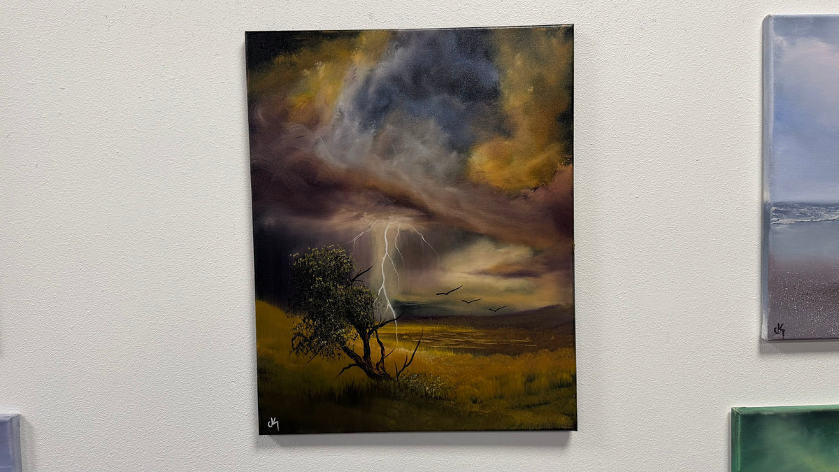 Painting #2589 - 16x20" Framed Canvas - Lightning Thunderstorm Landscape painted 9-7-26