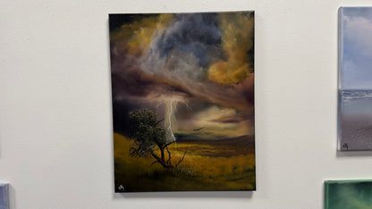 Painting #2589 - 16x20" Framed Canvas - Lightning Thunderstorm Landscape painted 9-7-26