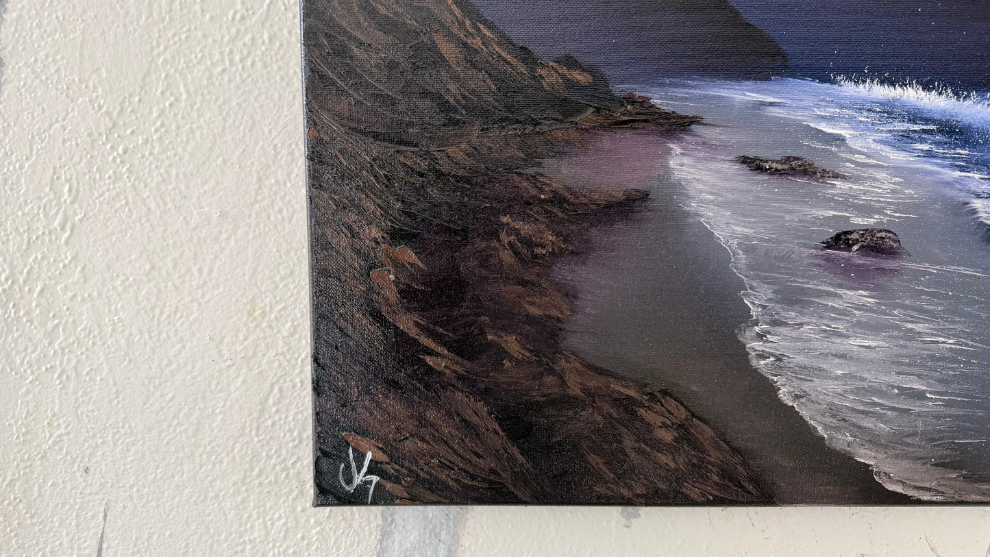 Painting #2100 - 16x20" Canvas - Night Rocky Seascape painted 10-13-25