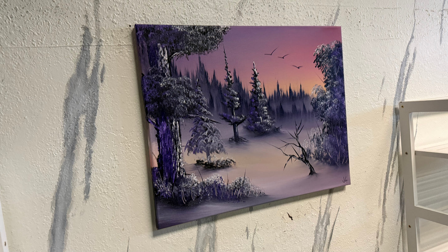 Painting #2184 - 16x20" Canvas - Sunset Winter Landscape painted 12-12-25