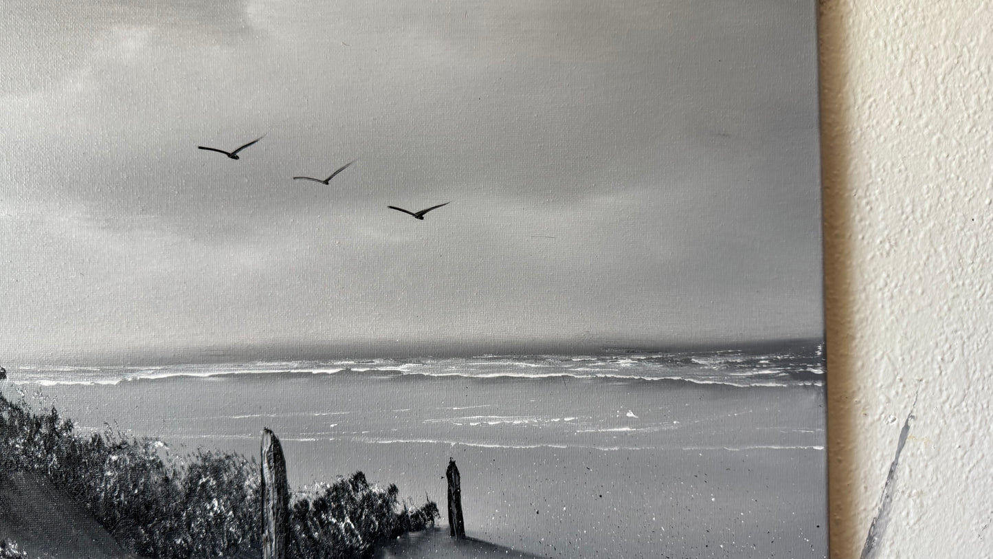 Painting #2450 - 16x20" Canvas - East Coast Black and White Seascape painted 5-21-26